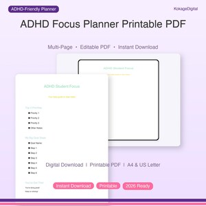 以下が含まれることがあります： 白を背景としたADHDフォーカスプランナーの印刷可能なPDF。プランナーには、優先順位と目標ステップのセクションが含まれています。テキストには「ADHD Student Focus」、「Instant Download」、「Printable」が含まれています。A4およびUSレターサイズで利用できます。