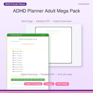 以下が含まれることがあります： ADHD Planner Adult Mega Packのデジタルダウンロード。プランナーはマルチページ、編集可能なPDFで、すぐにダウンロードできます。毎日の集中力、週ごとのビジョンなどのセクションが含まれています。A4およびUSレターサイズです。