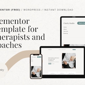 Può includere: Mockup digitale di un modello di sito web per terapisti e coach. Il design è visualizzato su un laptop, un tablet e uno smartphone, con il testo "Elementor Template for Therapists and Coaches" e "Clarity Studio". Il design utilizza una palette di colori beige e bianco.