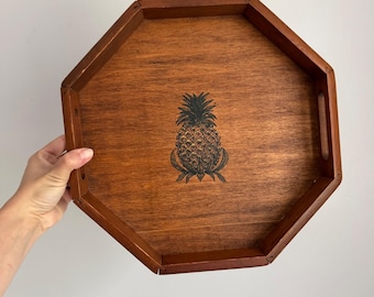 Vintage Octagonal Wood Pineapple Serving Tray with Handles Brown 12.5 Inch
