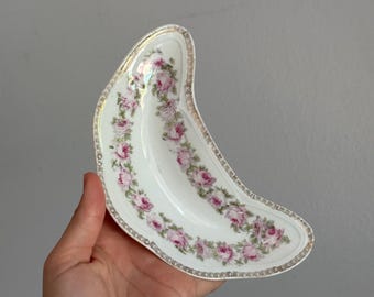 Vintage Z.S. & Co Bavaria Mignon Crescent Bone Dish Pink Rose Floral Gold Trim