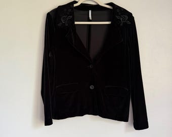 Chaqueta tipo blazer de terciopelo negro con bordado de rosas para mujer, marca Vintage White Stag, talla L (12/14)