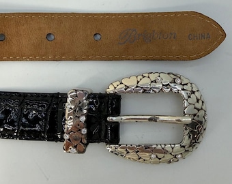 Vintage Brighton Black Patent Croc Leather Heart Buckle Belt Crystal Accents 32
