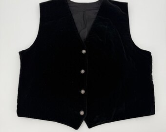 Vintage Black Quilted Velvet Vest Ornate Silver Buttons V-Neck Waistcoat