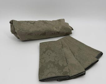 Olive Green Damask Round Tablecloth and 4 Napkins Set Floral Jacquard 68 Inch