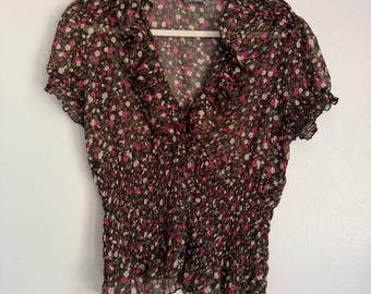 Prickar Dam XL Brun Rosa Blommig Smockad Volang V-ringad Chiffongblus Topp Y2K