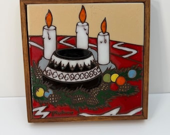 Vintage Earthtones Leone Kuhne Art Tile Framed Holiday Candles Ceramic 1984 USA
