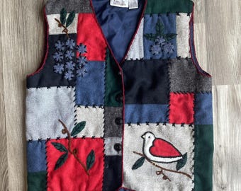 Vintage Ashley Hill Vest Womens Large Blue Red Button Up Wool Bird Patchwork