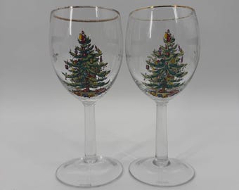 Conjunto de 2 Taças de Vinho Spode com Borda Dourada em Formato de Árvore de Natal, 18,4 cm (7,25")