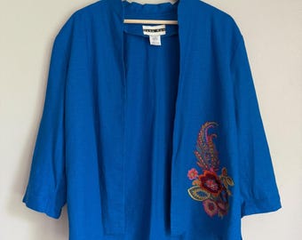 Vintage Dana Kay Blue Linen Blend Embroidered Floral Open Front Jacket Womens 14