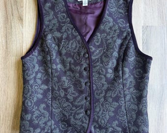 Talbots Vintage Purple Floral Damask Wool Blend Vest Velvet Trim Size 10 USA