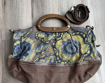 Vintage Y2K Fossil Satchel Hobo Bag Canvas Fabric Leather Wood Handle Crossbody