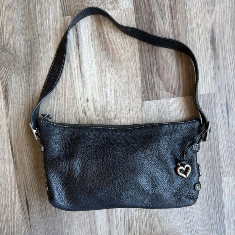 Vintage Brighton Mini Black Pebbled Leather Shoulder Bag Silver Heart Charm image 1