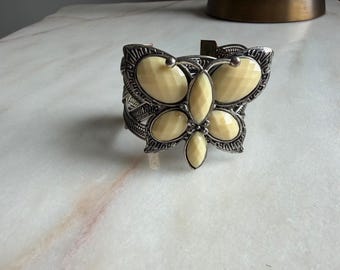 Y2K Butterfly Chunky Cuff Bracelet Silver Tone Cream Stone Filigree Woven Band