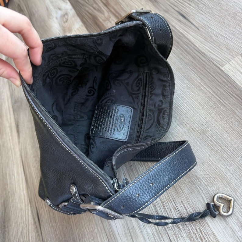 Vintage Brighton Mini Black Pebbled Leather Shoulder Bag Silver Heart Charm image 7