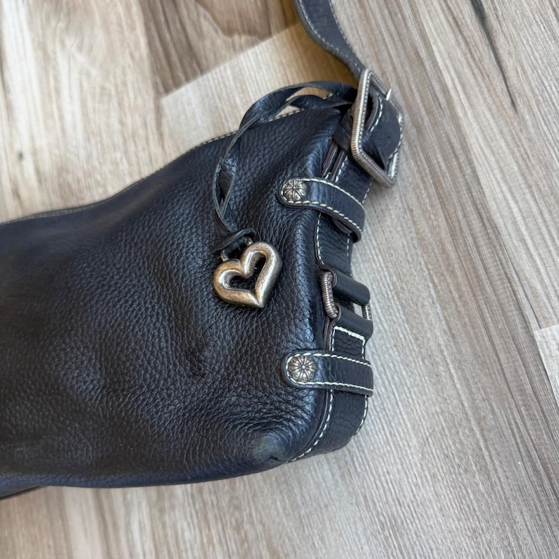 Vintage Brighton Mini Black Pebbled Leather Shoulder Bag Silver Heart Charm image 2