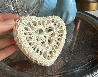 Handmade Crochet Heart Trinket Box Cream Stiffened Dish Vintage Style