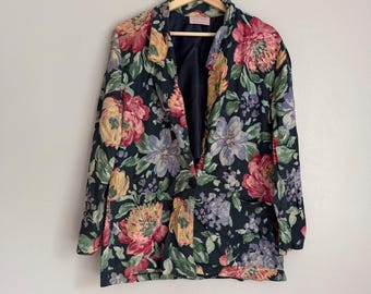 Vintage Cotton Floral Blazer Jacket Lightweight Navy Blue 90s Cottagecore
