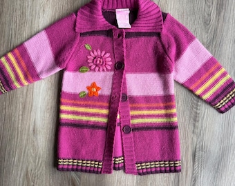 Vintage Nannette Girls 2T Striped Knit Cardigan Sweater Floral Embroidery