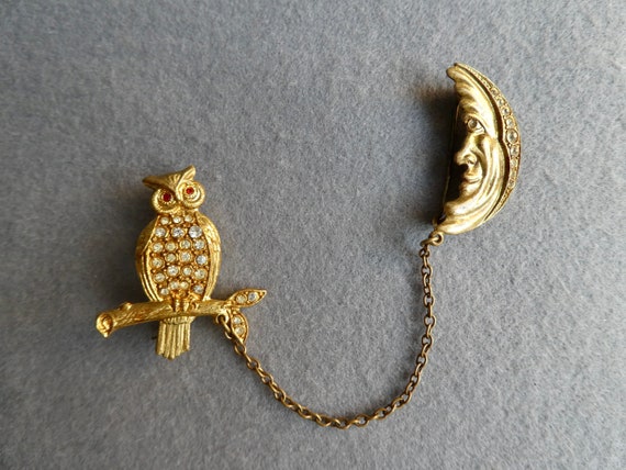 Vintage Moon and Owl Pin Brooch | Sweater Brooch |