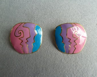 Vintage 1980s Blue and Pink Enamel Stud Earrings | Geometric Patterned Earrings | 80s Glam | 80s Fashion | 80s Jewellery | New Wave Earrings