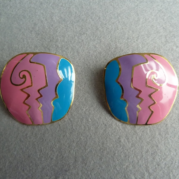 Vintage 1980s Blue and Pink Enamel Stud Earrings | Geometric Patterned Earrings | 80s Glam | 80s Fashion | 80s Jewellery | New Wave Earrings