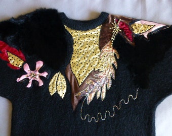 1980s Black and Gold Appliqué and Fur Sweater | 80s Glam | Gift for Her | 80s sweater