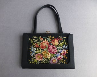 1950s Black Needlepoint Top Handle Ladies Bag | 50s Fashion | 50s Glam | Floral Needlepoint