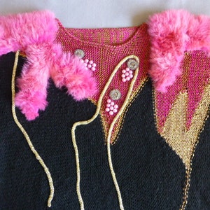 1980s Pink and Black Appliqué and Fur Sweater | 80s Glam | Gift for Her | 80s sweater