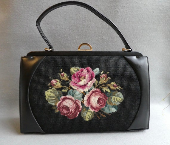 Vintage 50s 60s Mid Century Needlepoint Top Handle