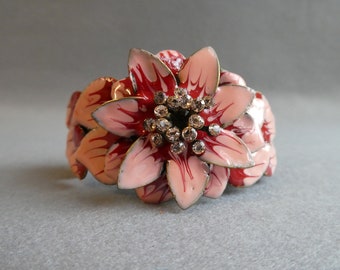 Enamel Metal Floral Diamante Cuff Bracelet | Vintage Jewellery | Floral Jewellery