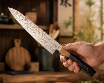 Personalized Damascus Chef Knife, Copper Damascus Steel Knife, Carbon Fiber Handle, Wooden Gift Box, Gift for Him, Dad, Husband
