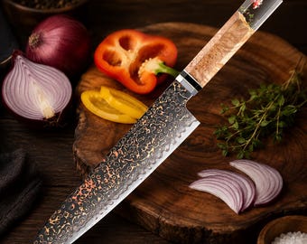 Cuchillo de chef de Damasco de 21,5 cm (8,5 pulgadas), cuchillo de cocina japonés forjado a mano con mango de resina de secuoya.