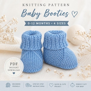 May include: A knitting pattern for baby booties featuring text that reads KNITTING PATTERN Baby Booties 0-12 MONTHS 4 SIZES and PDF INSTANT DOWNLOAD. The image displays a pair of light blue knitted booties with a ribbed cuff and textured knit design.