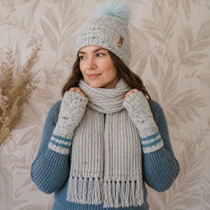 Hand Knit Winter Set: Beanie with Removable Pom Pom, Scarf, Mittens
