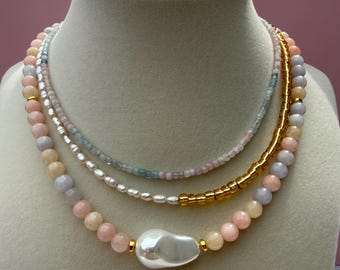 6mm morganite, Freshwater Pearl, mermaid necklace stack