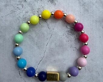 Pulsera de cuentas acrílicas arcoíris / 8 mm, colores brillantes, detalles de hematita
