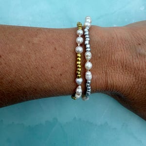 Stackable gold or silver dainty bracelet, freshwater pearl