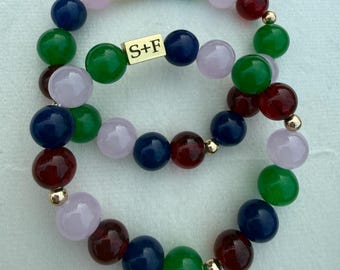 Pulsera colorida de 10 mm de jade teñido, cristal, cuentas de hematita, cuentas gruesas