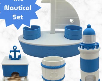 Ensemble de rangement nautique pour salle de bain imprimé en 3D : phare, bateau, tonneau, pot d'ancre