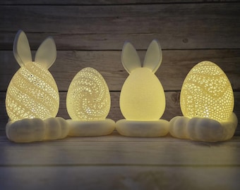 Photophore imprimé en 3D avec un lapin | Décoration de Pâques | Oreilles de lapin LED | Blanc