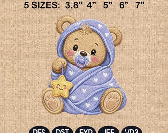 Teddy Bear Moon Blanket Embroidery File, Baby Bear Machine Embroidery Design, Nursery Stitch Pattern