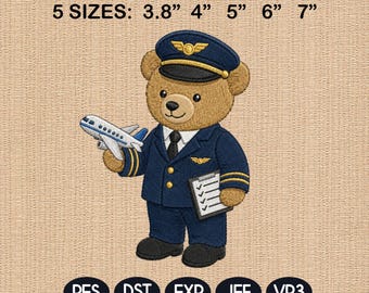 Pilot Teddy Bear Embroidery File, Airplane Bear Machine Design, Aviation Career Nursery Pattern