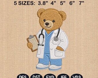 Doctor Teddy Bear Embroidery File, Medical Coat Bear Machine Design, Healthcare Job Pattern