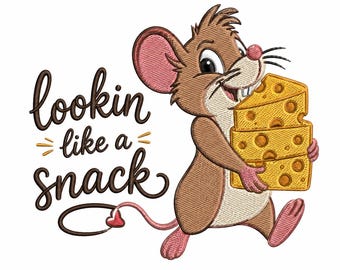 Lookin Like a Snack Embroidery Design, Cute Cartoon Mouse Cheese, Digital Applique File, 2D Machine Embroidery, Kids Animal Patch
