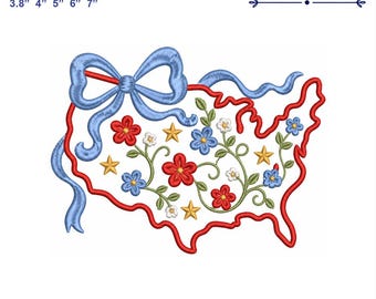 Archivo de bordado del mapa de Estados Unidos, patrón de estrellas y flores, bordado digital a máquina, Día de la Independencia, 5 tamaños, proyecto de bricolaje