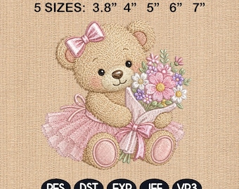 Teddy Bear Flower Bouquet Embroidery File, Cute Pink Baby Girl Machine Embroidery Design, Nursery Pattern