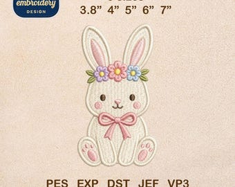 Floral Bunny Embroidery Design, Cute Easter Rabbit with Flower Crown Machine File, Summer Download
