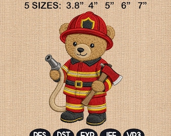 Firefighter Teddy Bear Embroidery File, Fireman Bear Machine Design, First Responder Pattern