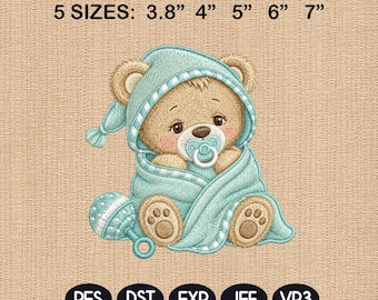 Baby Bear Swaddle Embroidery File, Newborn Teddy Machine Embroidery Design, Nursery Blanket Pattern